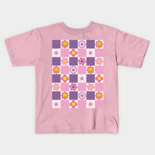 Retro Checkered Floral Pattern Pink and Purple Kids T-Shirt